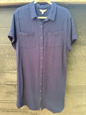 Womens Navy Short-Sleeve Button-Down Casual Shirt Dress Sz L